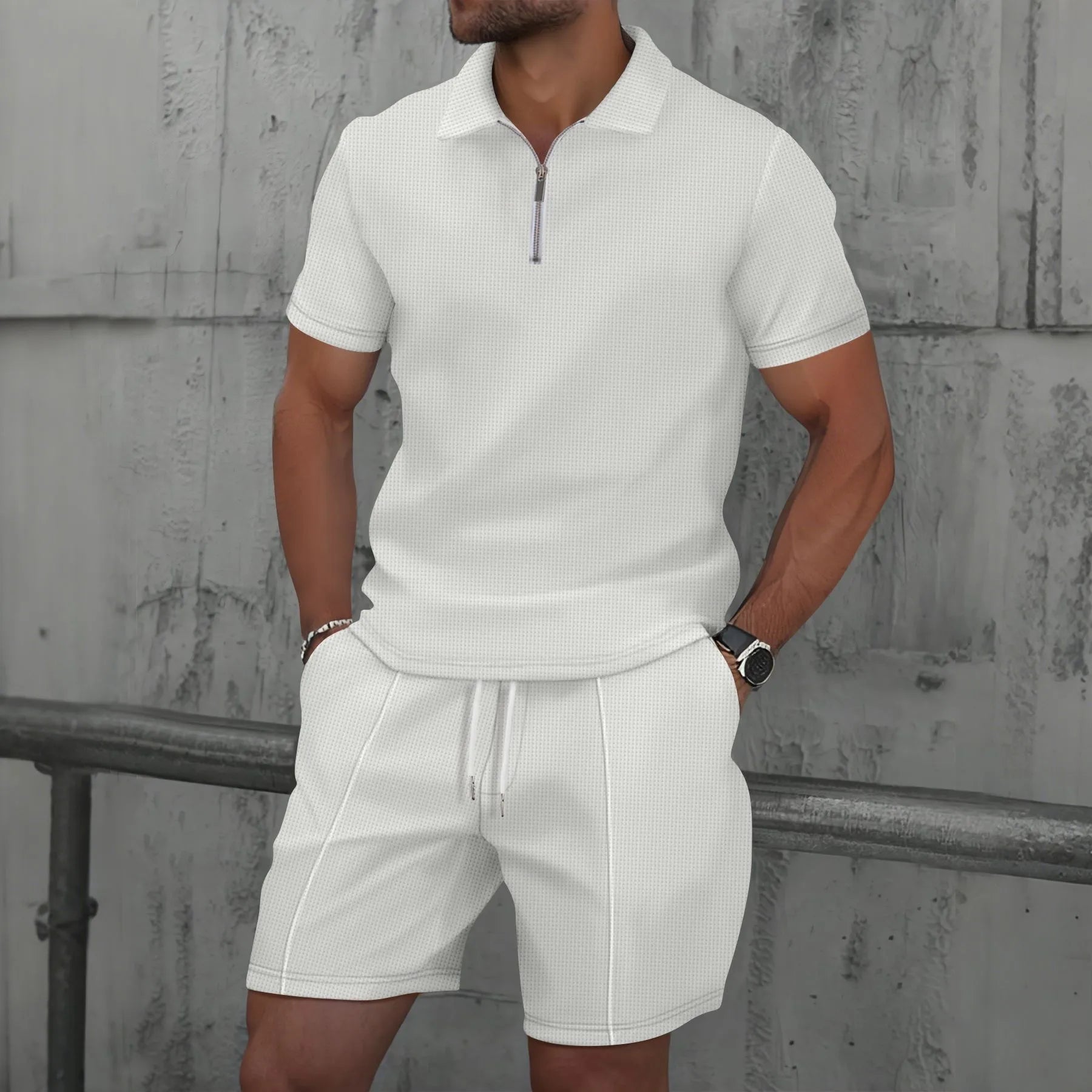 Men's Summer Waffle Solid Color Two-Piece Set – Short Sleeve Jacket & Shorts