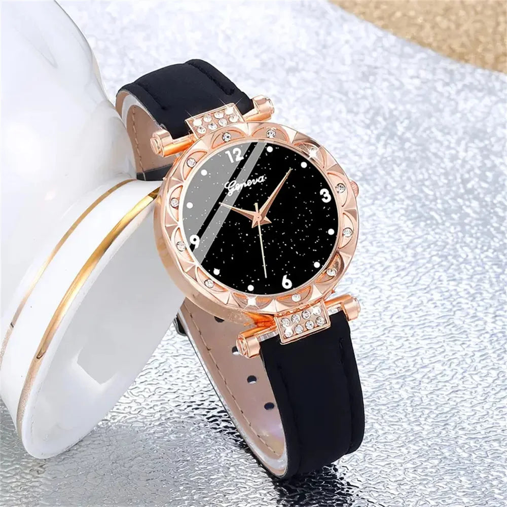 Women’s Luxury Imitation Diamond Quartz Watch Set – 5 PCS