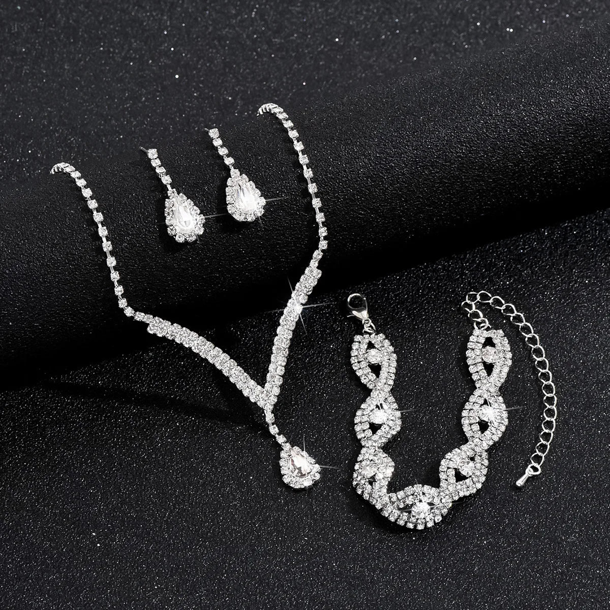 Luxury Bridal Jewelry Set – 3-Piece Crystal Teardrop Earrings, V-Neck Necklace & Eye Bracelet (6625)