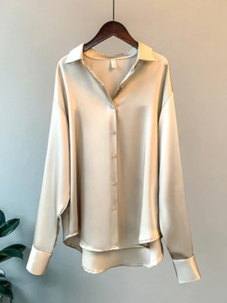 Women’s Satin Office Blouse – Long Sleeve, Korean Luxury Style