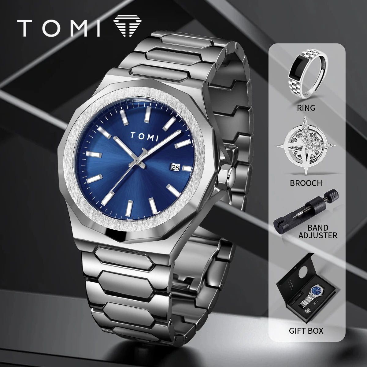 TOMI Luxury Men’s Quartz Watch – Business Style with Gift Box Set (Rose Gold Case)