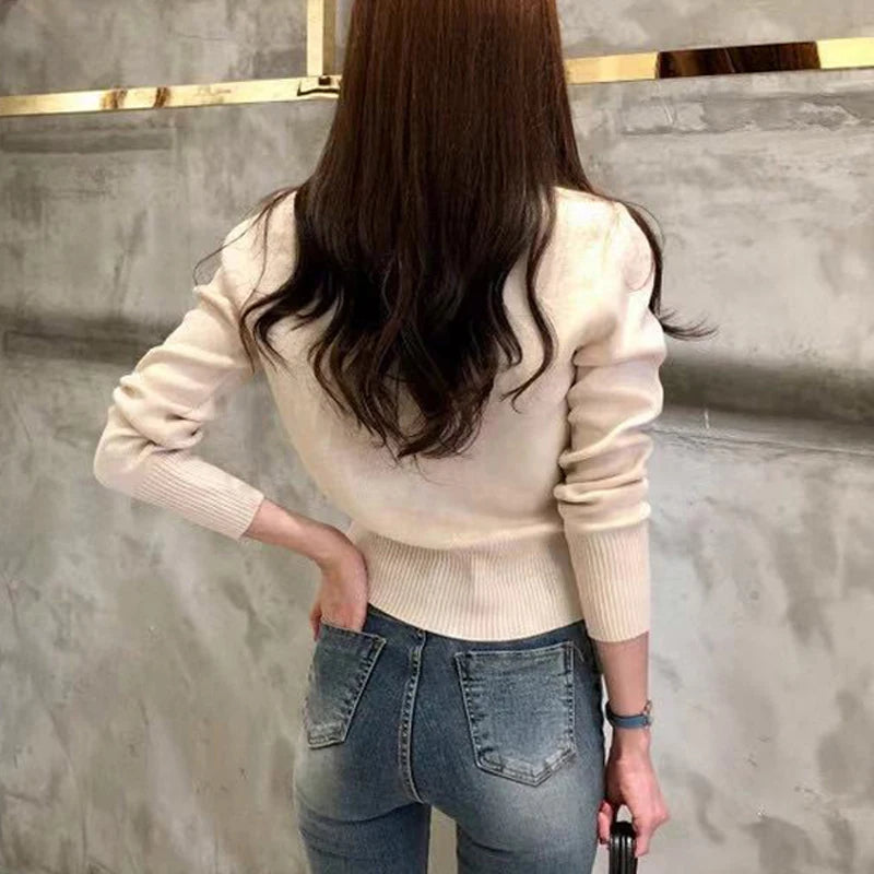Women’s Long Sleeve Cardigan – Knitted Sweater, Single Button, Korean Style, Autumn/Winter 2025