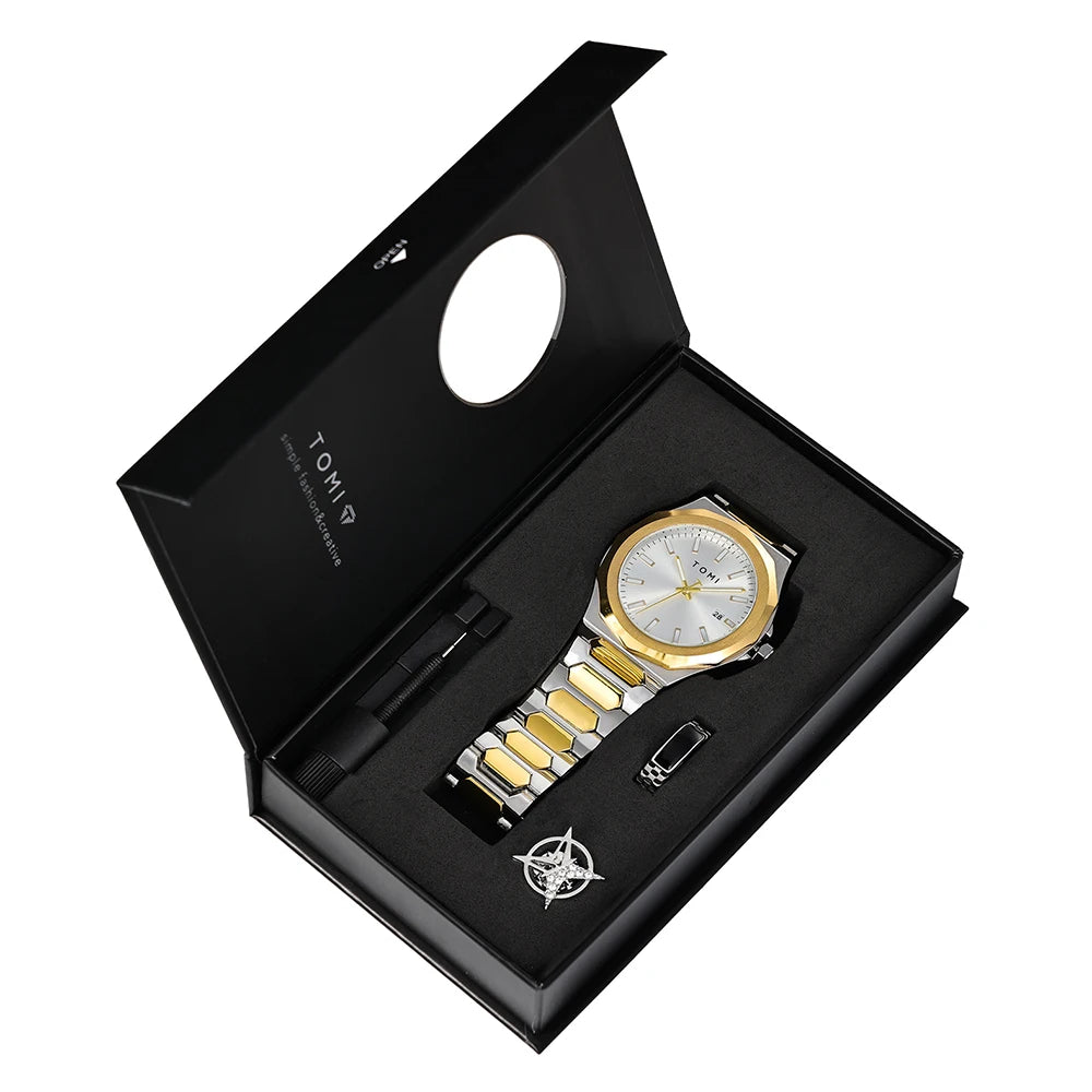 TOMI Luxury Men’s Quartz Watch – Business Style with Gift Box Set (Rose Gold Case)