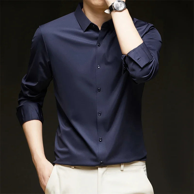 Men's Solid Color Long Sleeve Business Casual Shirt – Wrinkle-Resistant, Comfortable