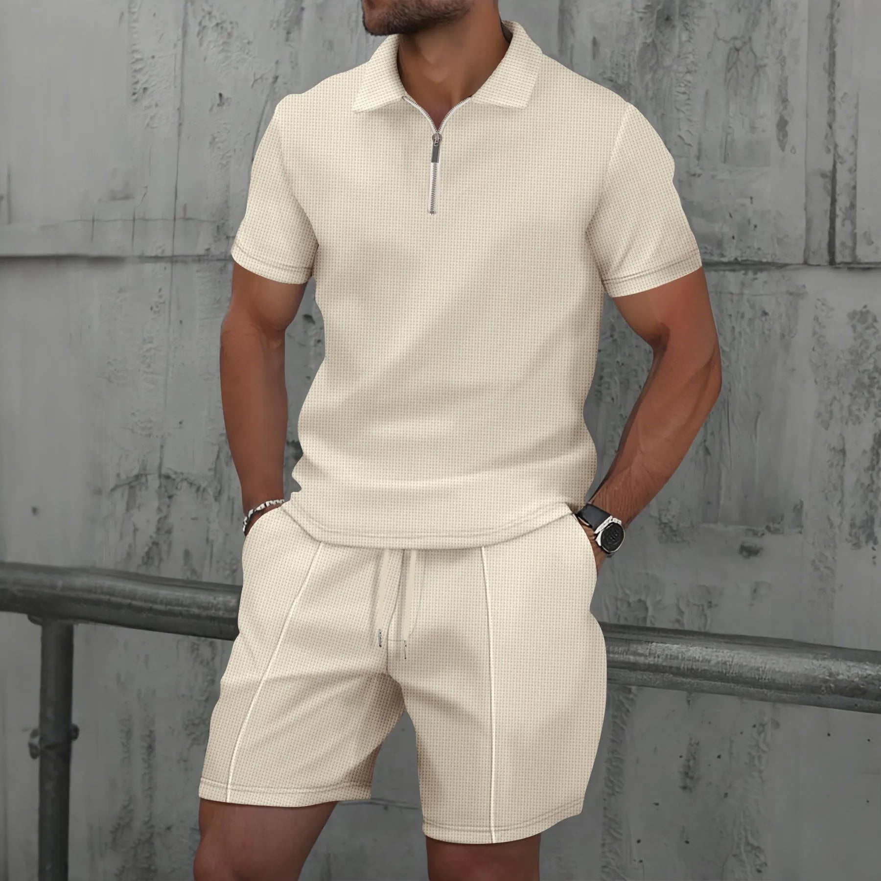 Men's Summer Waffle Solid Color Two-Piece Set – Short Sleeve Jacket & Shorts