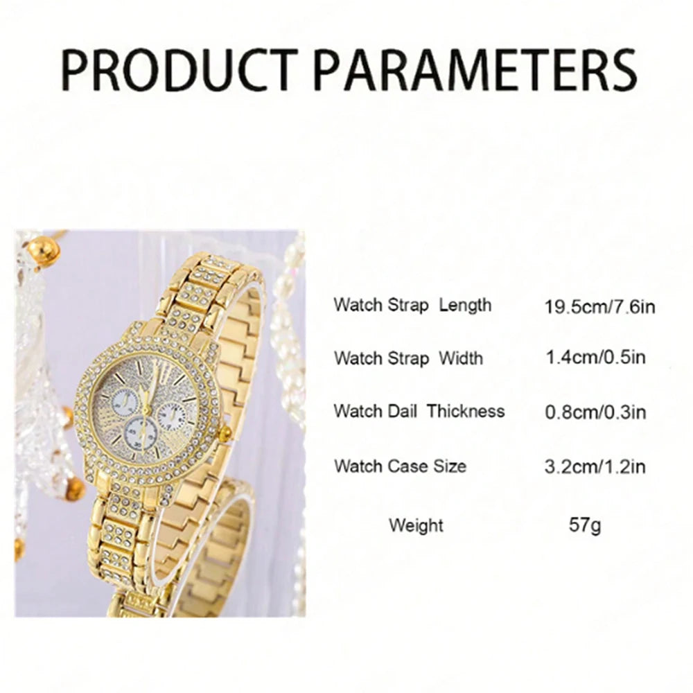 Women’s Fashion Quartz Watch & Jewelry Set – Gold Ring, Necklace, Earrings with Faux Diamonds