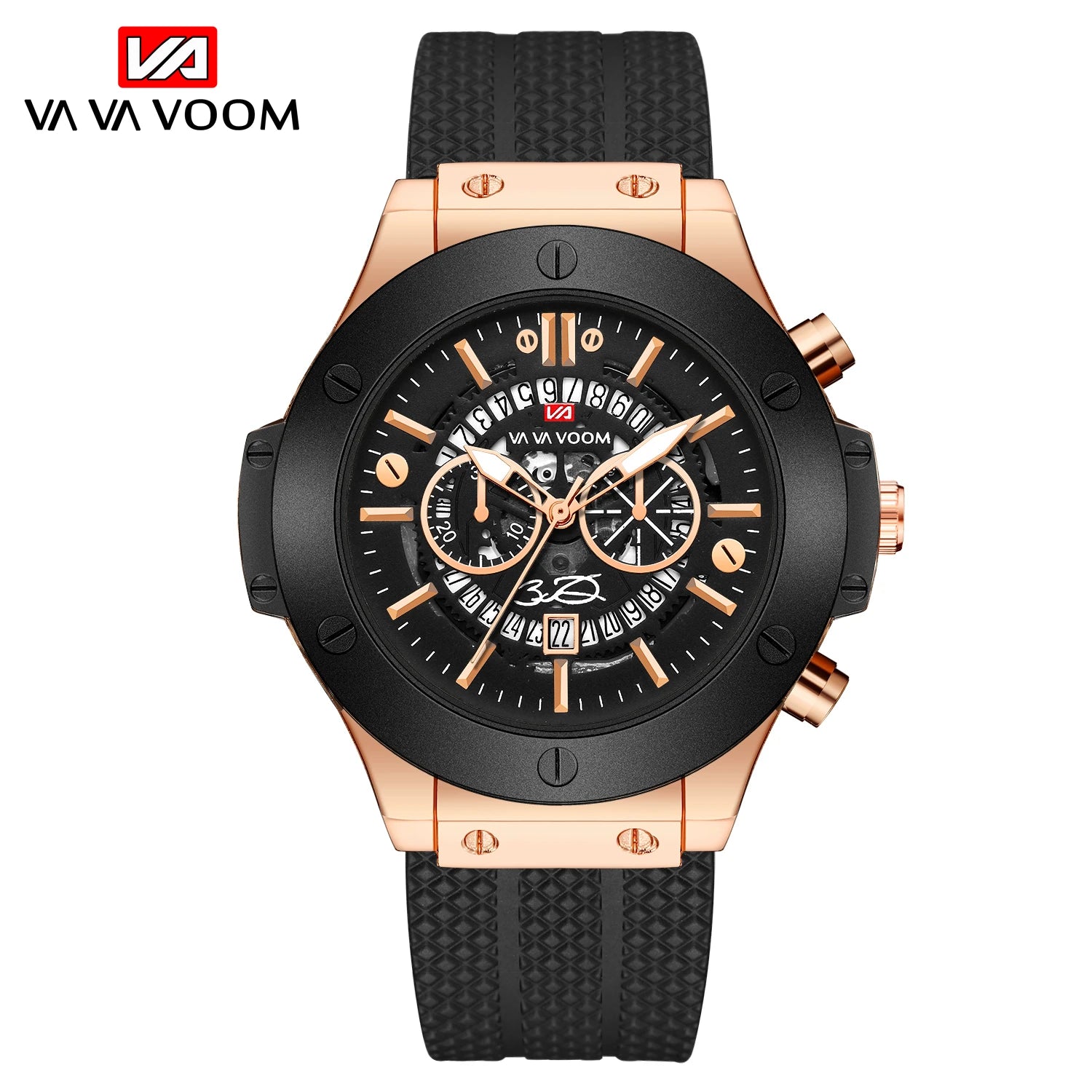 Black Silicone Sports Watch – 46mm Hollow Dial Military Style