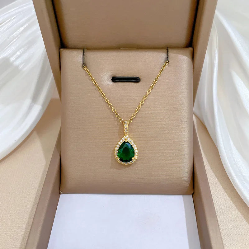 DIEYURO Jewelry Set – Stainless Steel Green Teardrop Zircon Necklace & Earrings