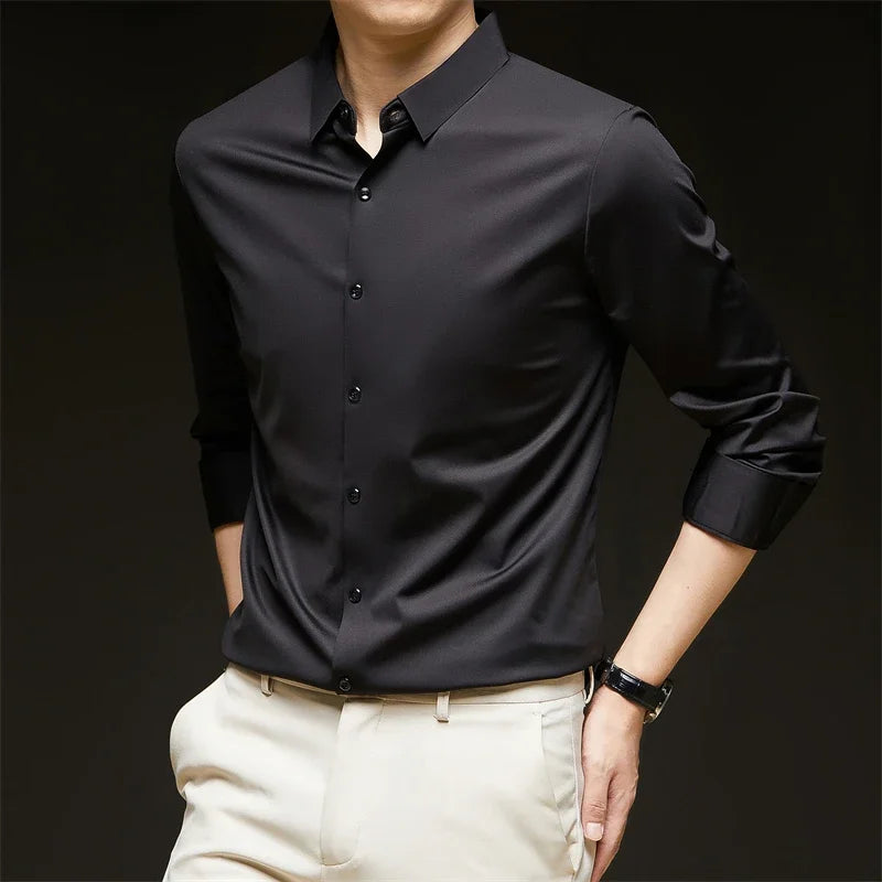 Men's Solid Color Long Sleeve Business Casual Shirt – Wrinkle-Resistant, Comfortable
