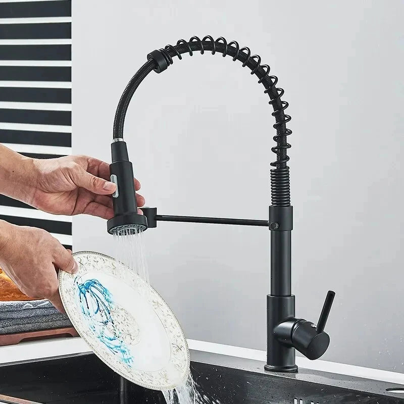 Matte Black & Chrome Pull-Down Kitchen Faucet – Dual-Mode Mixer