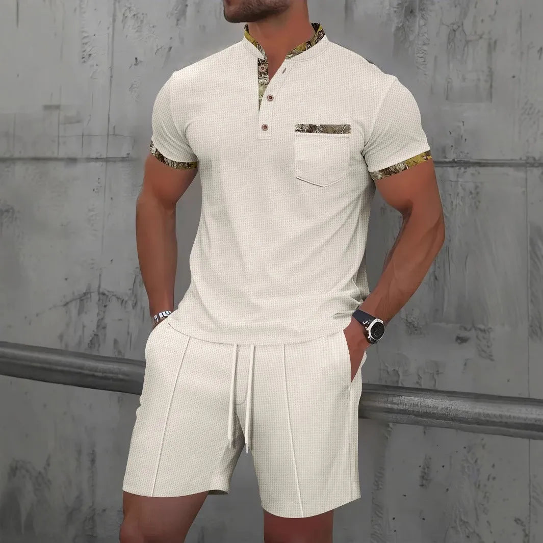 Men's Summer Waffle Solid Color Two-Piece Set – Short Sleeve Jacket & Shorts