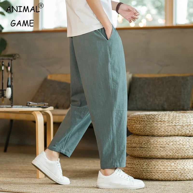 ANIMAL GAME Men's Linen & Cotton Casual Pants – Solid Color, Straight Fit