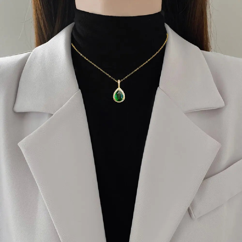 DIEYURO Jewelry Set – Stainless Steel Green Teardrop Zircon Necklace & Earrings