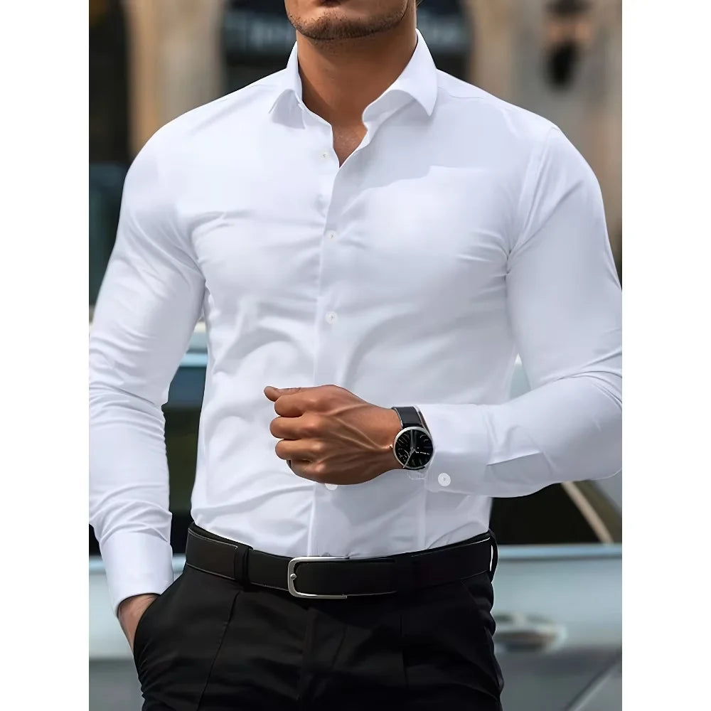 FGKKS Men's White Casual Stretch Shirt – Long Sleeve, Solid Color