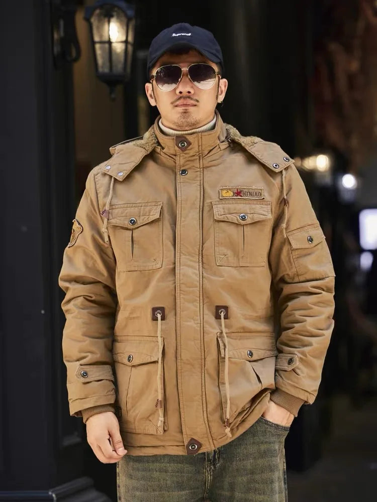 Men’s Autumn-Winter Parka – Thick Wool Lined, Detachable Hood, Outdoor Work & Hunting Coat