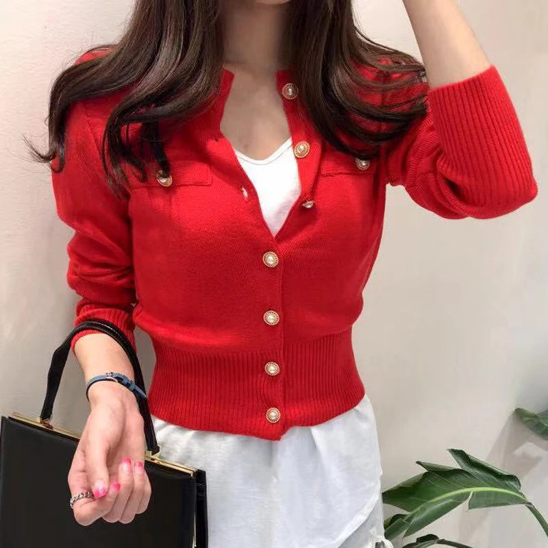 Women’s Long Sleeve Cardigan – Knitted Sweater, Single Button, Korean Style, Autumn/Winter 2025