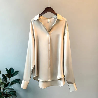 Women’s Satin Office Blouse – Long Sleeve, Korean Luxury Style