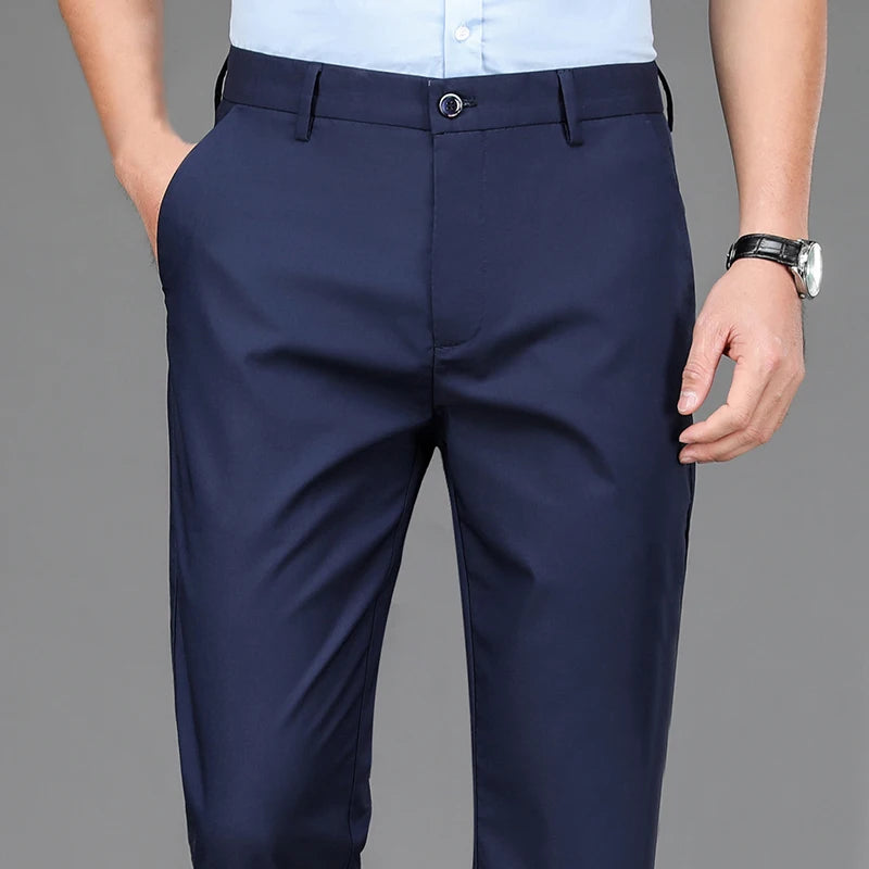 Men's Black Elastic Dress Pants – Straight Fit, Smart-Casual Office Trousers, Quick-Dry