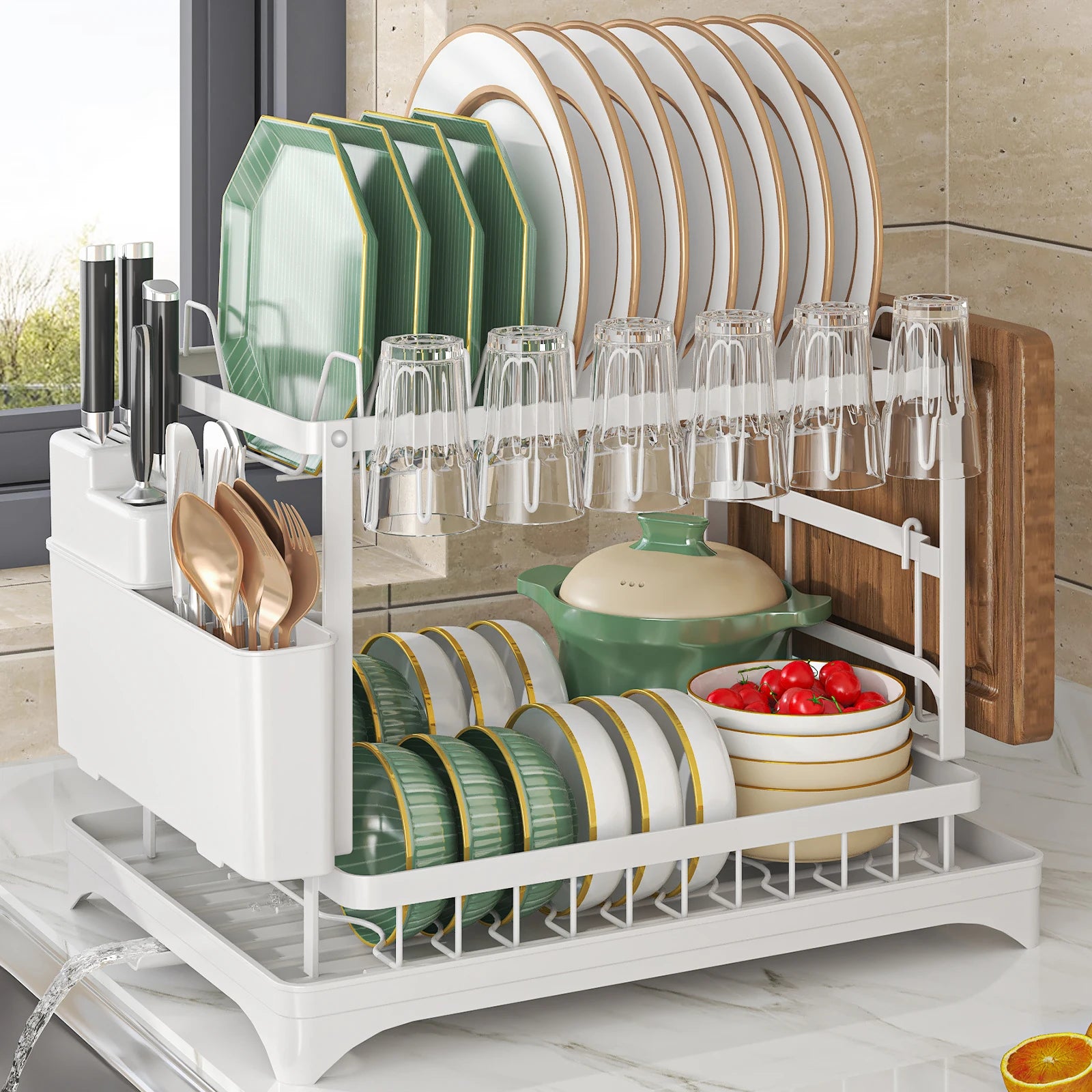 Tier Dish Drying Rack with Utensil Holder & Drip Tray