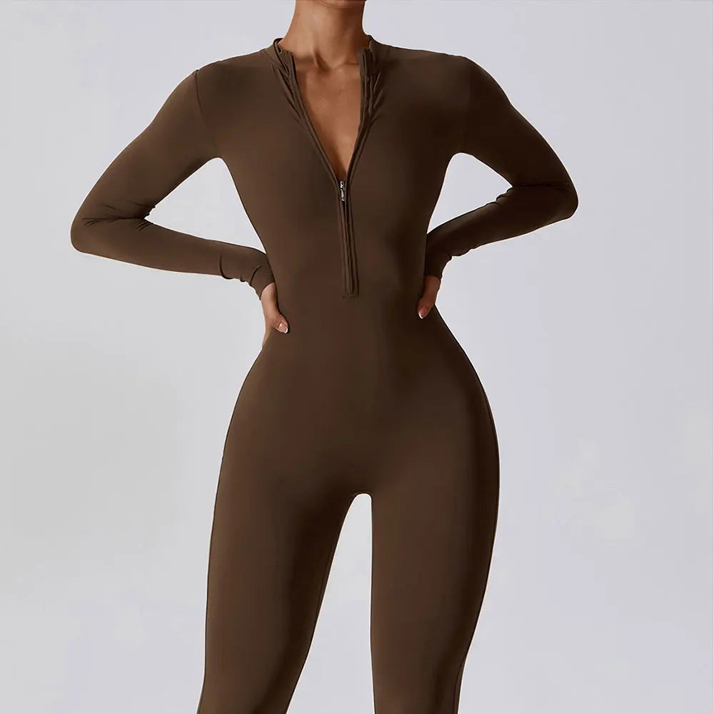 Full-Zip Long Sleeve Yoga Jumpsuit for Women – Gym & Fitness Bodysuit