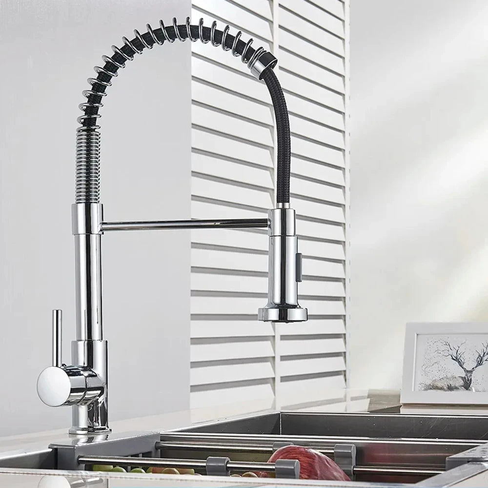 Matte Black & Chrome Pull-Down Kitchen Faucet – Dual-Mode Mixer