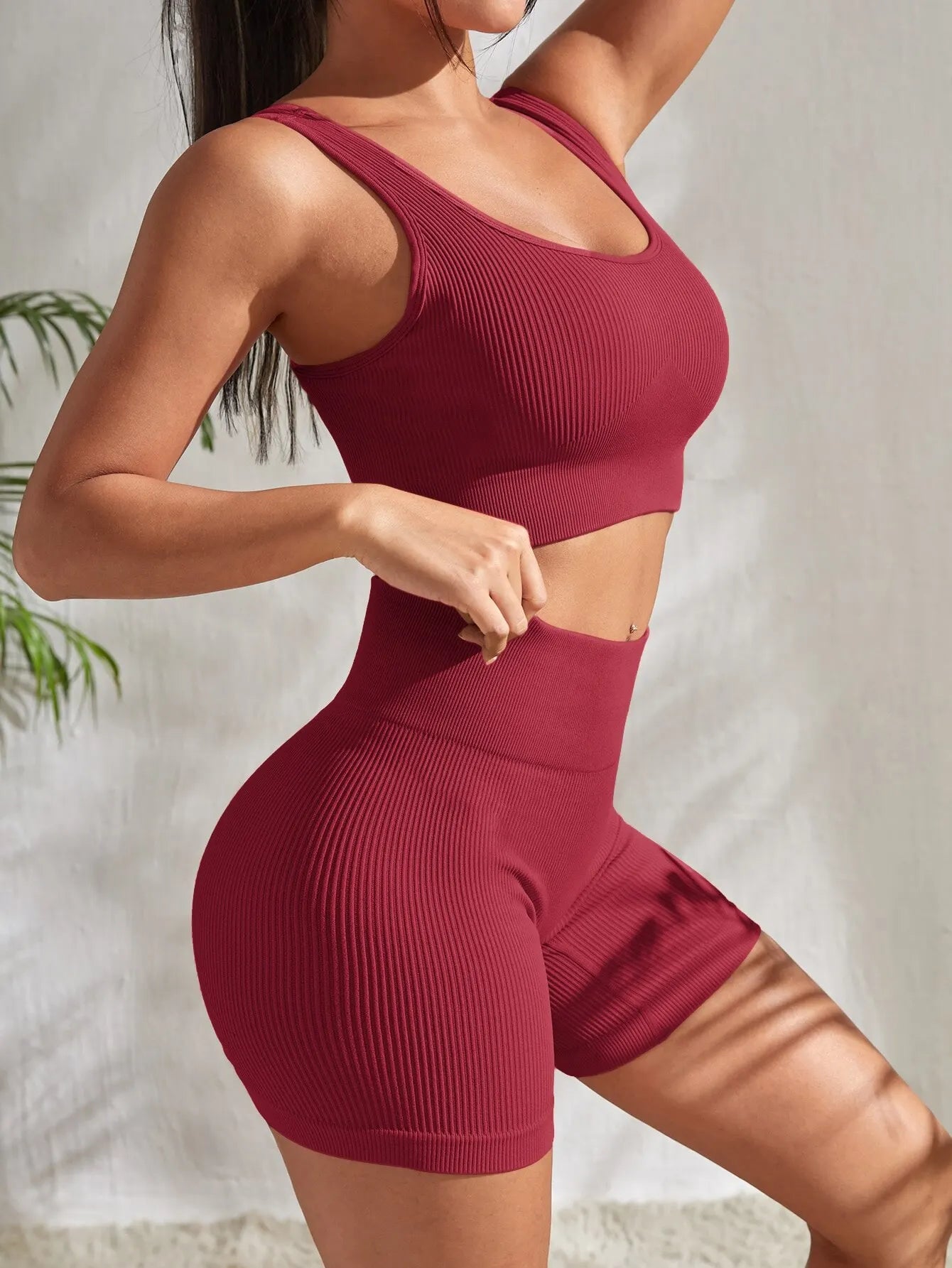 Seamless Ribbed Yoga Set – 2-Piece High-Waist Shorts & Tank for Women