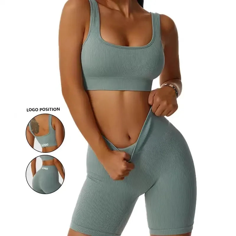 Ribbed Seamless Yoga Set – Crop Top & Shorts for Women