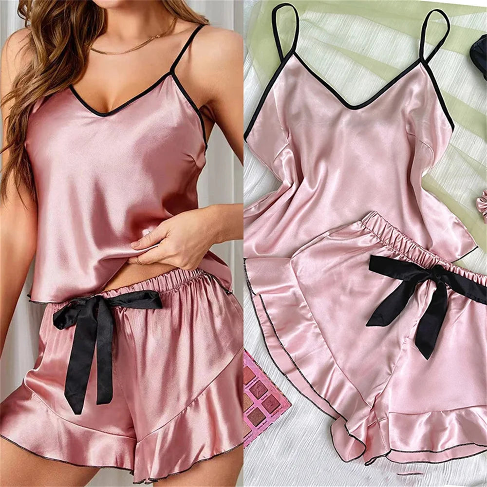 Women’s Satin Pajama Set – V-Neck Top with Ruffles & Bow Shorts