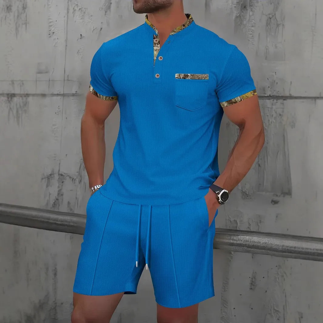 Men's Summer Waffle Solid Color Two-Piece Set – Short Sleeve Jacket & Shorts