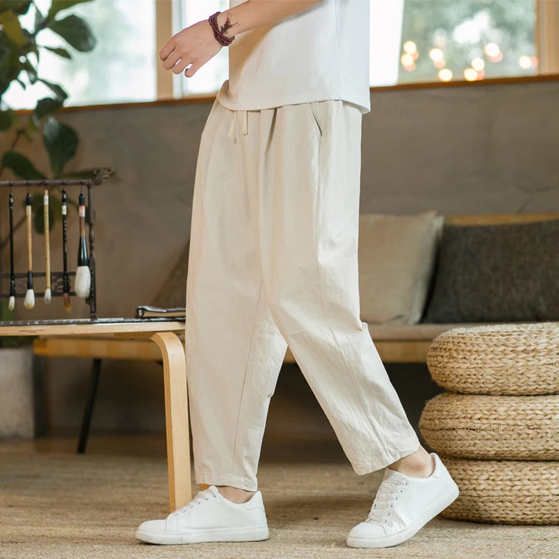 ANIMAL GAME Men's Linen & Cotton Casual Pants – Solid Color, Straight Fit