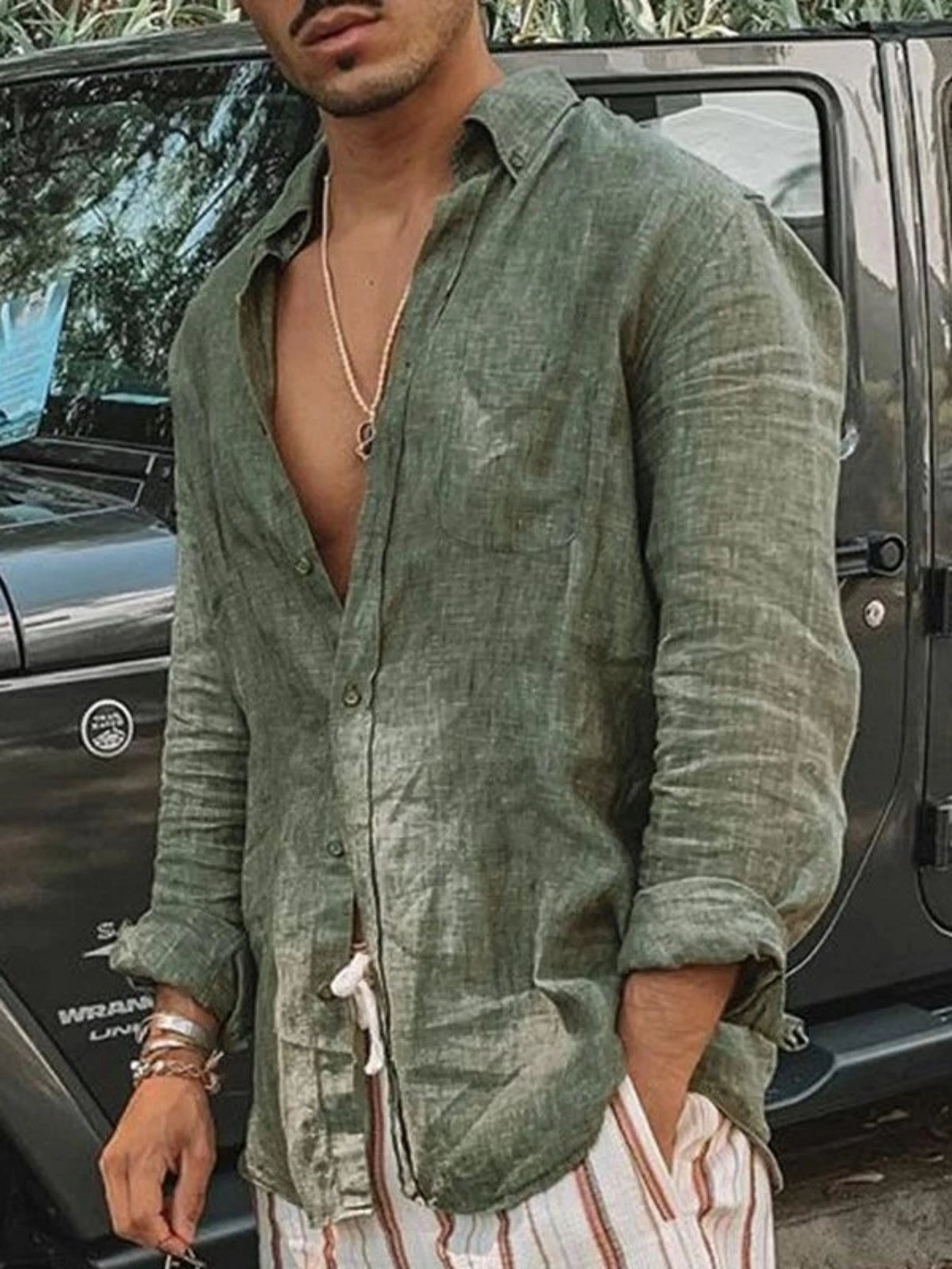 Men’s Slim Long Sleeve Shirt – Solid Color, Casual Lapel, Outdoor Wear