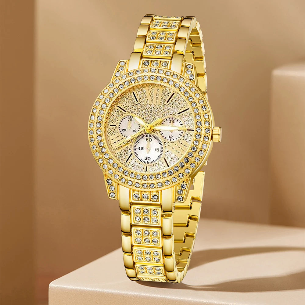 Women’s Fashion Quartz Watch & Jewelry Set – Gold Ring, Necklace, Earrings with Faux Diamonds