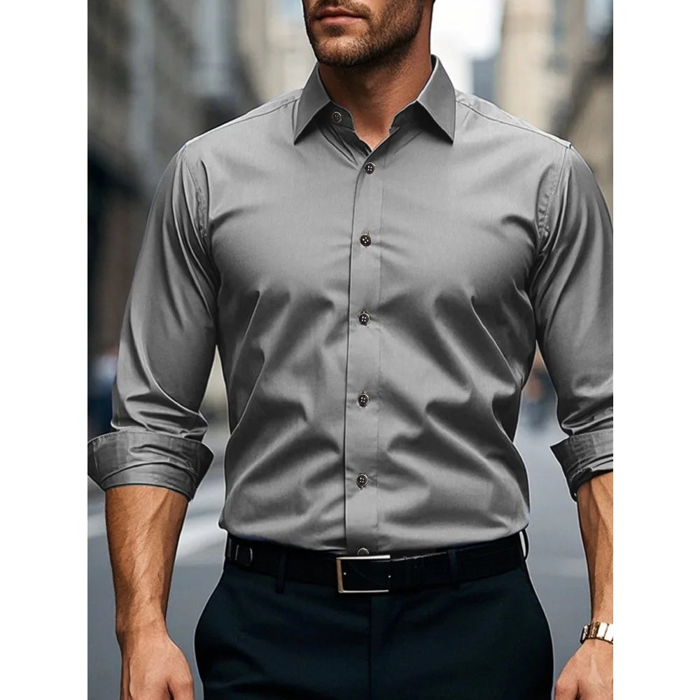 FGKKS Men's White Casual Stretch Shirt – Long Sleeve, Solid Color