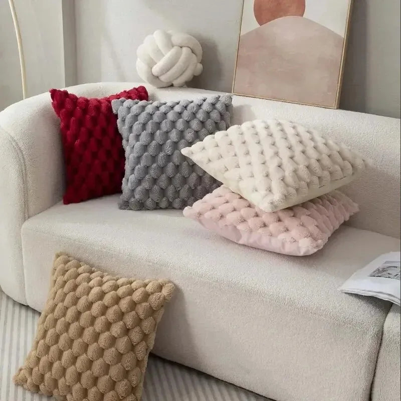 Soft Plush 3D Pillow Cover – Turtle & Pineapple Grid, Cream White 45x45cm