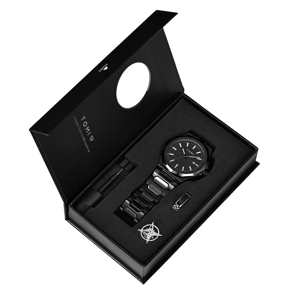 TOMI Luxury Men’s Quartz Watch – Business Style with Gift Box Set (Rose Gold Case)