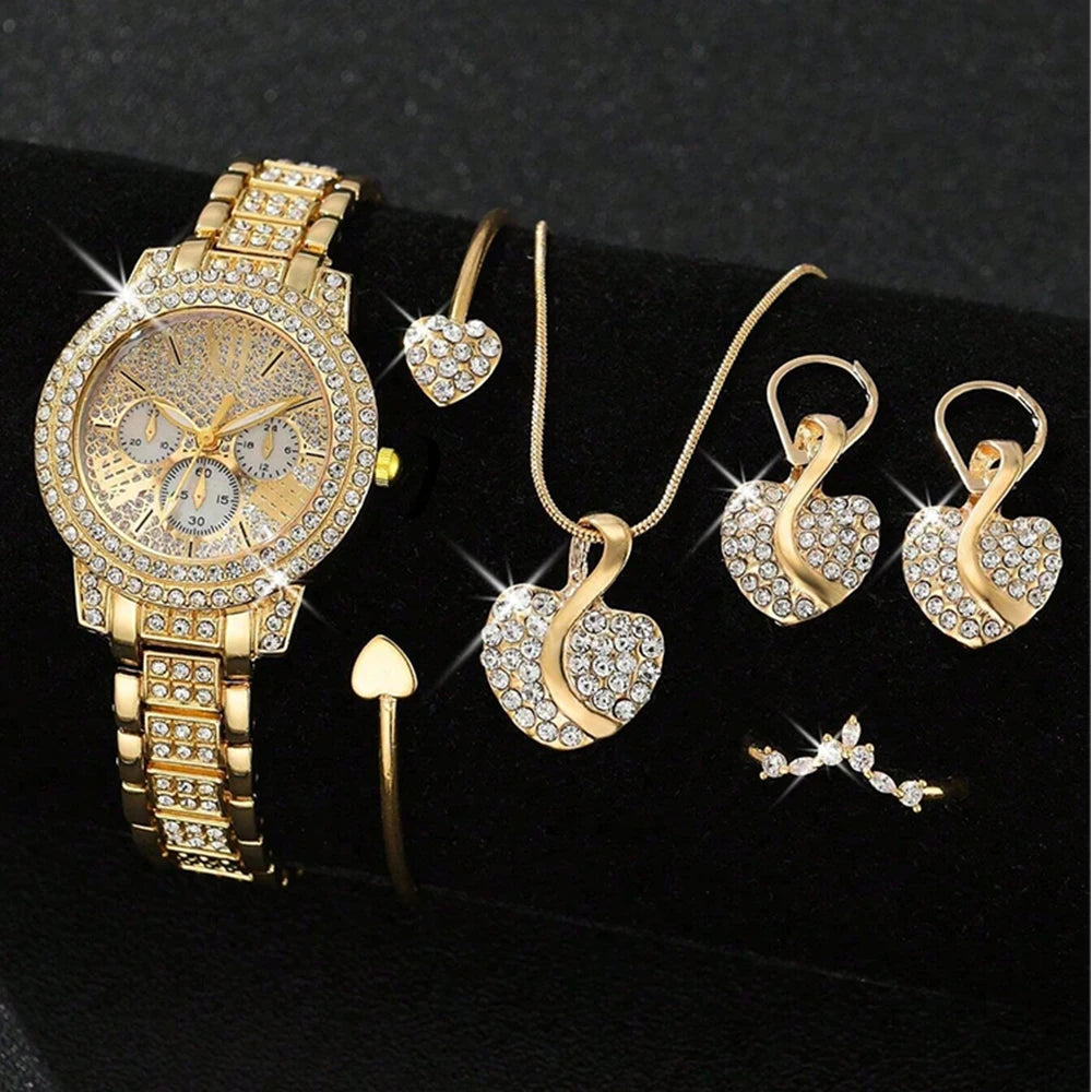 Women’s Fashion Quartz Watch & Jewelry Set – Gold Ring, Necklace, Earrings with Faux Diamonds