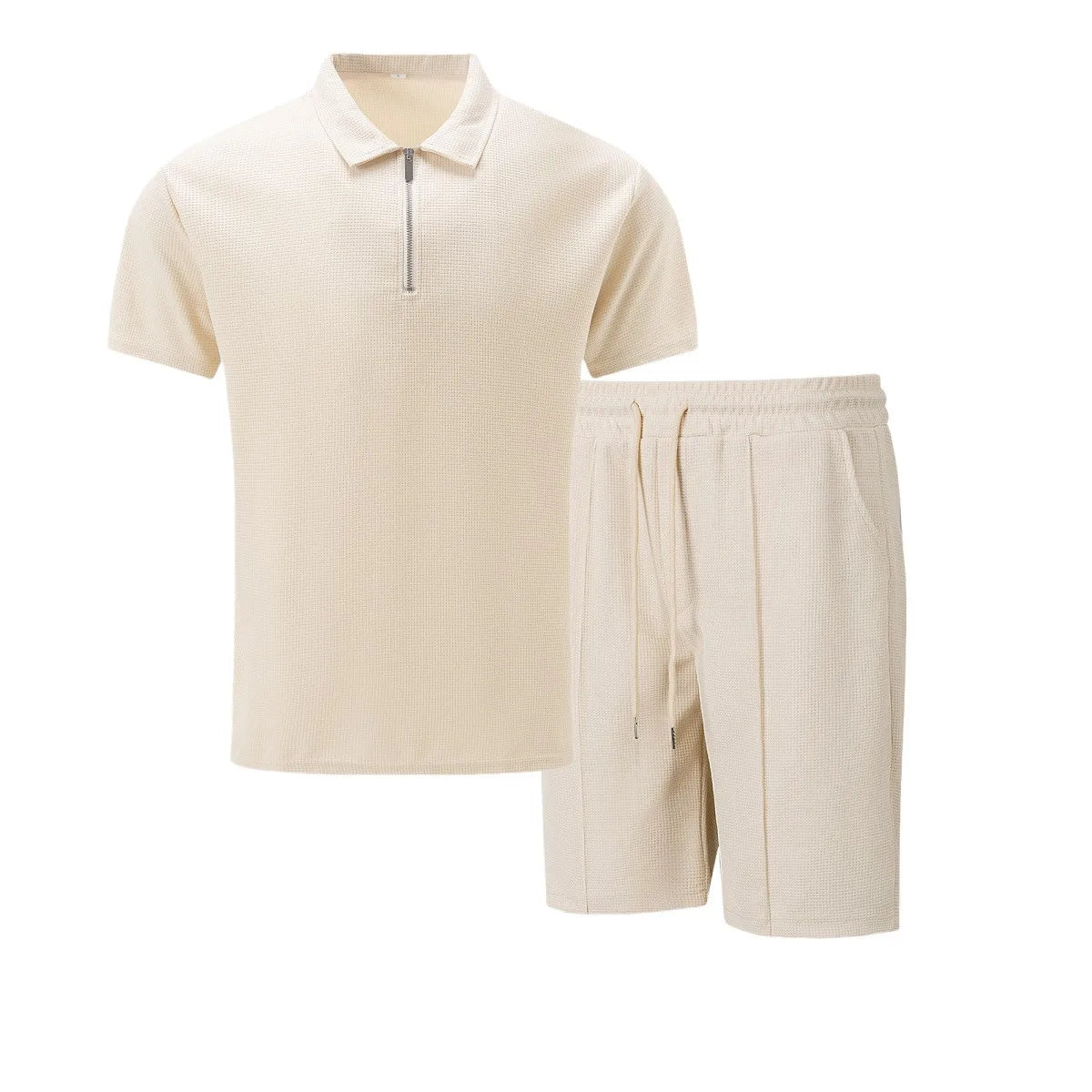 Men's Summer Waffle Solid Color Two-Piece Set – Short Sleeve Jacket & Shorts