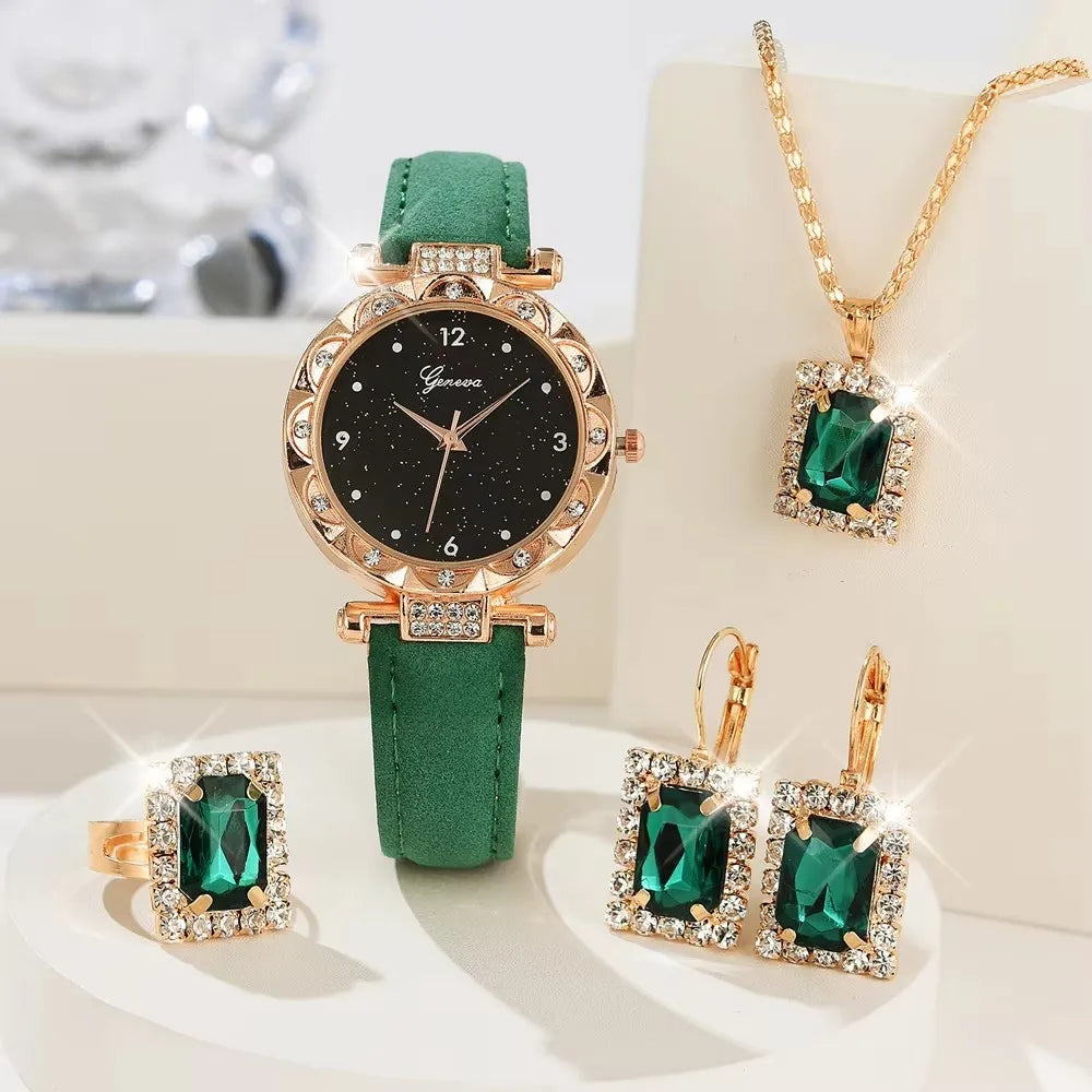 Women’s Luxury Imitation Diamond Quartz Watch Set – 5 PCS