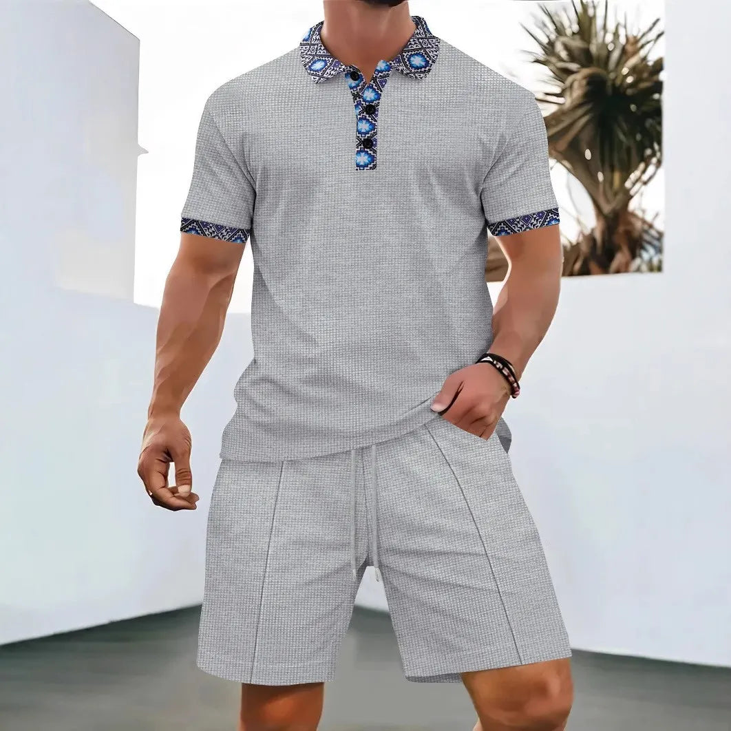 Men's Summer Waffle Solid Color Two-Piece Set – Short Sleeve Jacket & Shorts