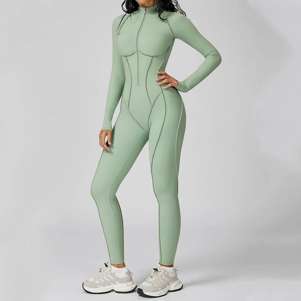 MIKETI Women’s Yoga Jumpsuit – Long Sleeve Full Zipper Fitness Set