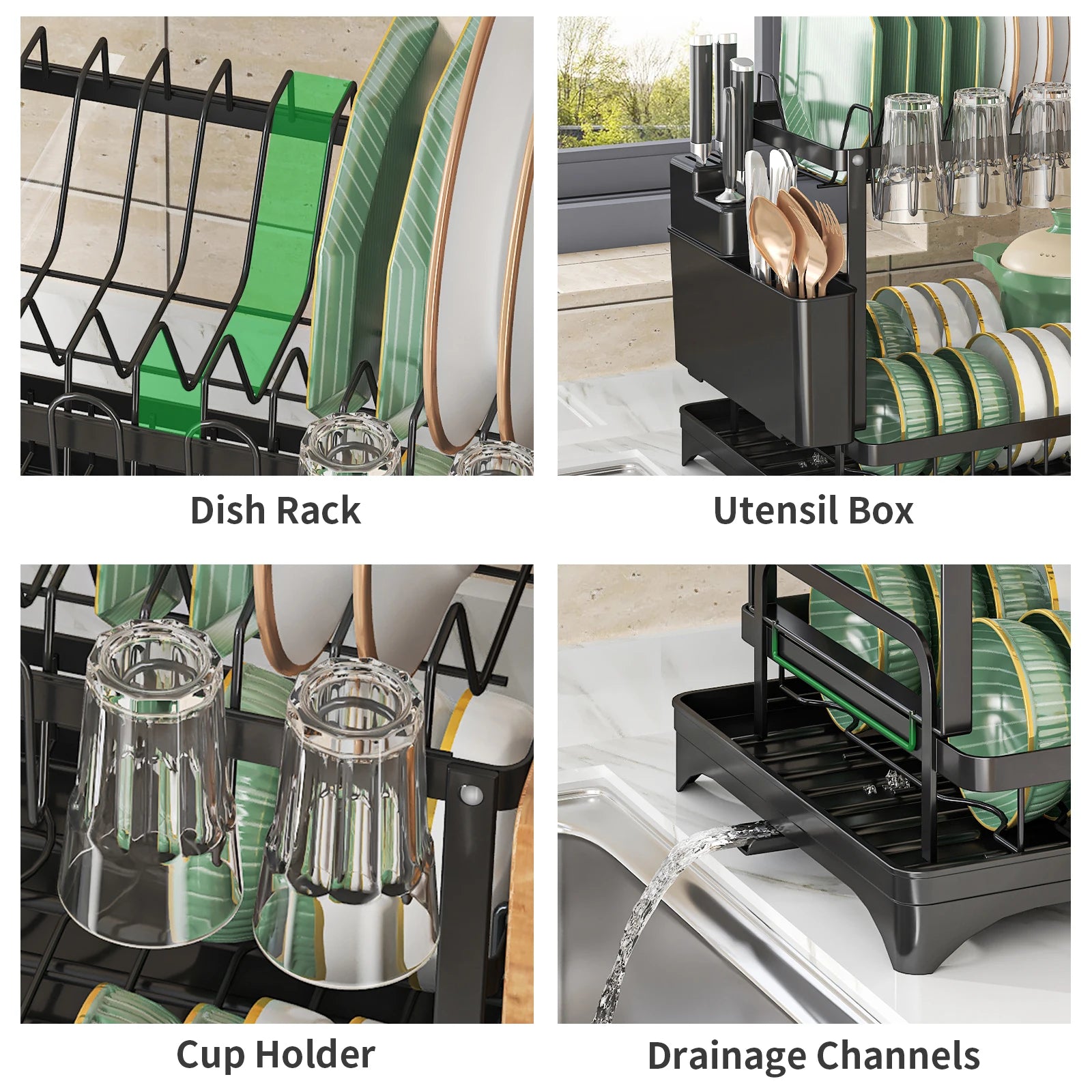 Tier Dish Drying Rack with Utensil Holder & Drip Tray