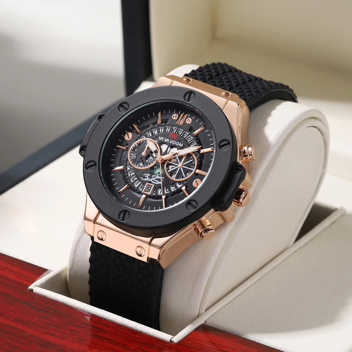 Black Silicone Sports Watch – 46mm Hollow Dial Military Style