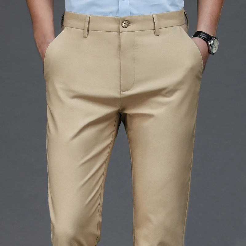 Men's Black Elastic Dress Pants – Straight Fit, Smart-Casual Office Trousers, Quick-Dry