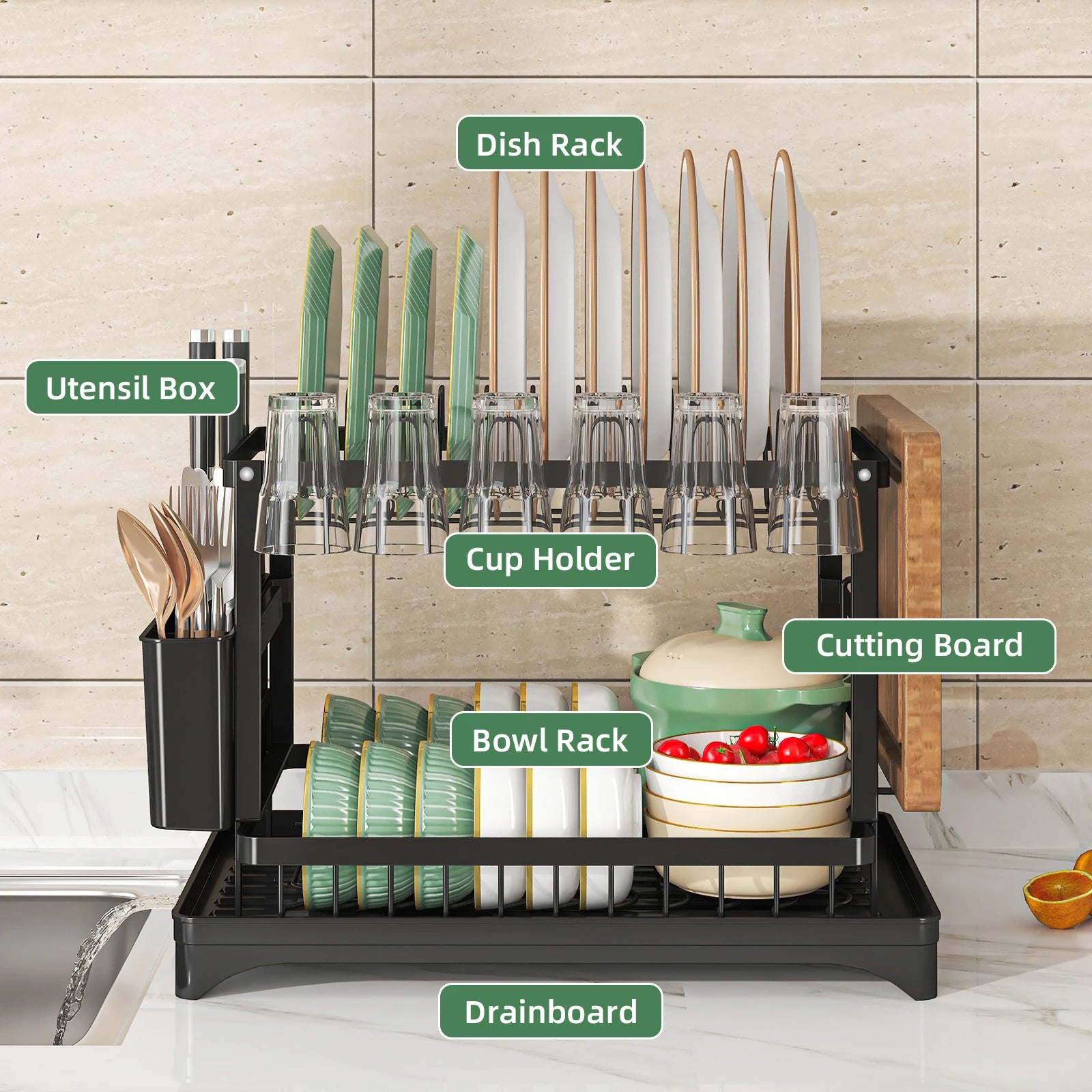 Tier Dish Drying Rack with Utensil Holder & Drip Tray