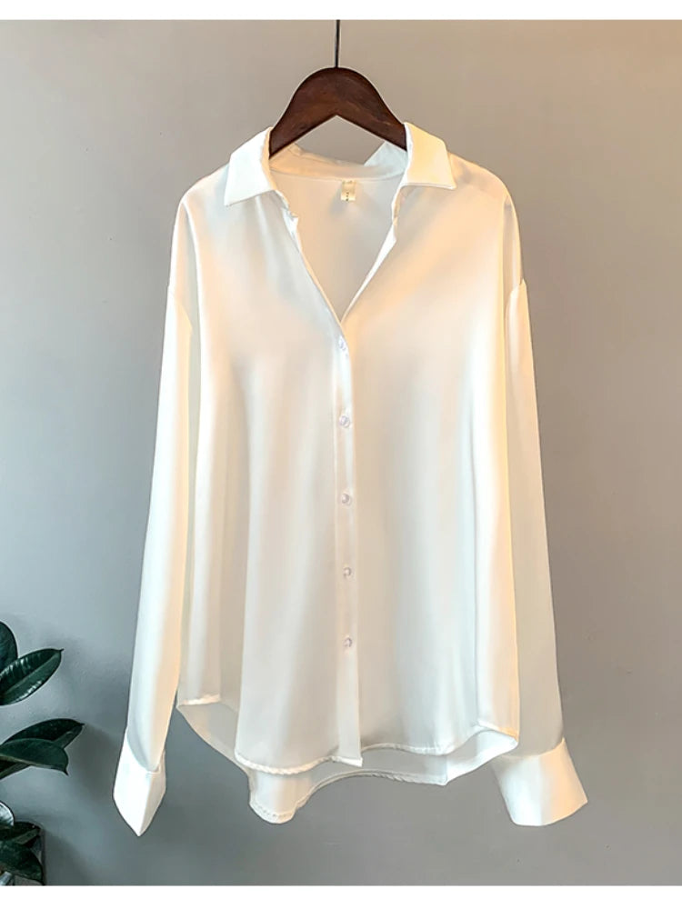 Women’s Satin Office Blouse – Long Sleeve, Korean Luxury Style