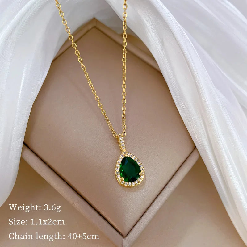 DIEYURO Jewelry Set – Stainless Steel Green Teardrop Zircon Necklace & Earrings
