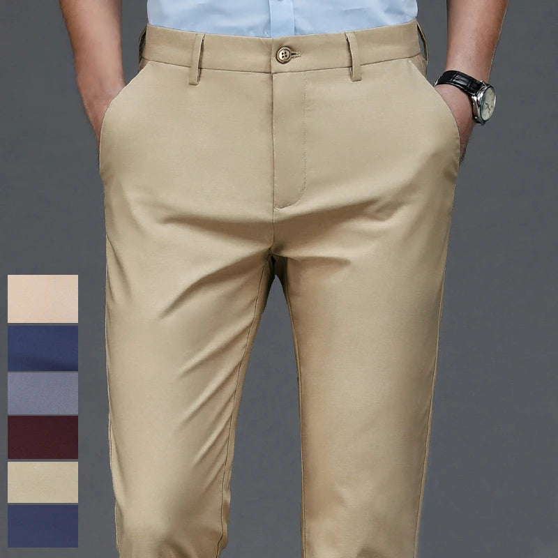 Men's Black Elastic Dress Pants – Straight Fit, Smart-Casual Office Trousers, Quick-Dry