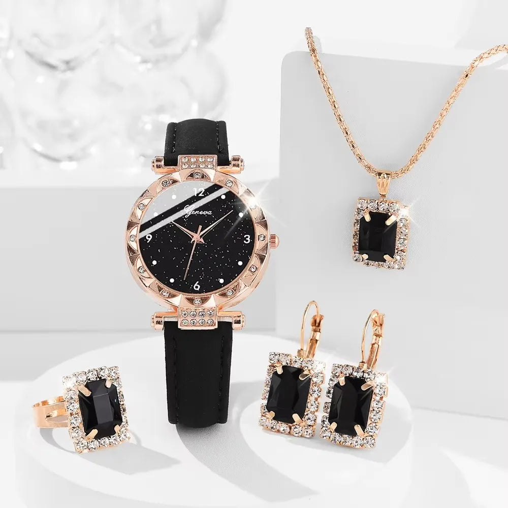 Women’s Luxury Imitation Diamond Quartz Watch Set – 5 PCS