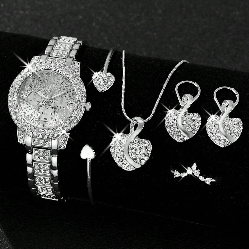 Women’s Fashion Quartz Watch & Jewelry Set – Gold Ring, Necklace, Earrings with Faux Diamonds