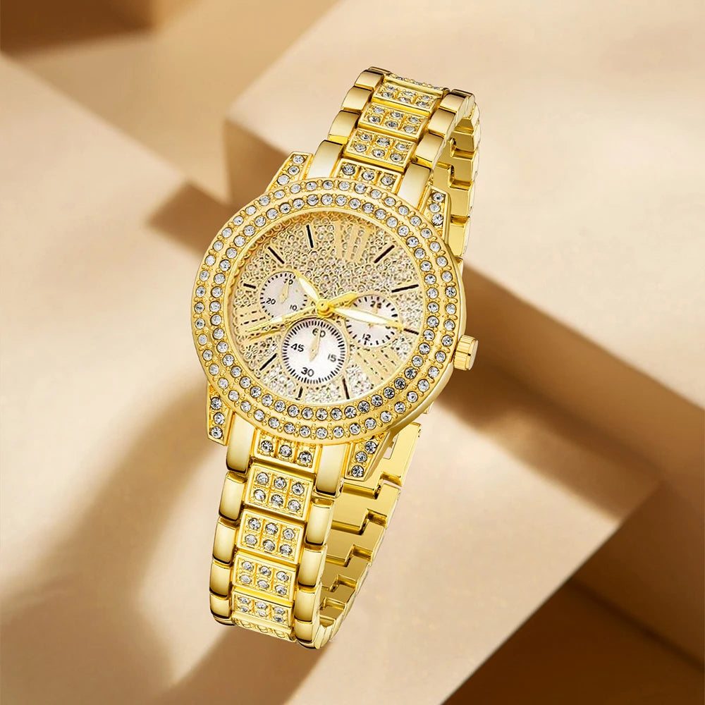 Women’s Fashion Quartz Watch & Jewelry Set – Gold Ring, Necklace, Earrings with Faux Diamonds